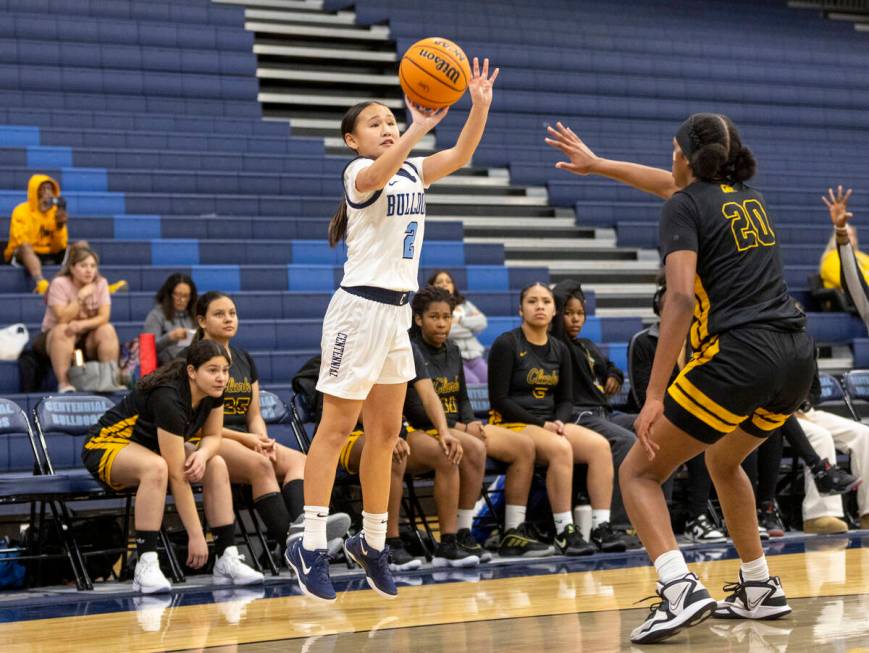 Centennial freshman Gunj Amarbold (2) attempts a three-point shot during the high school girls ...