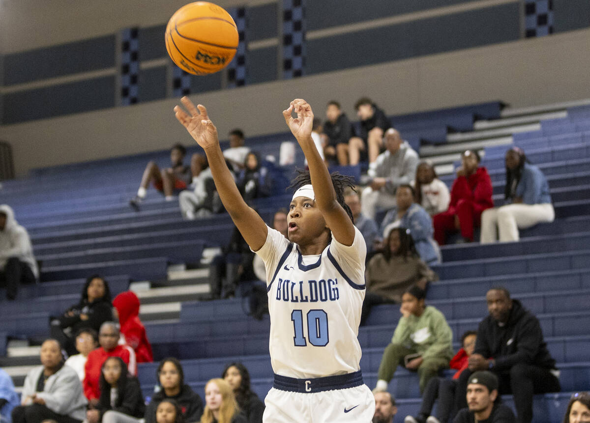 Centennial junior Sanai Branch (10) attempts a three-point shot during the high school girls ba ...