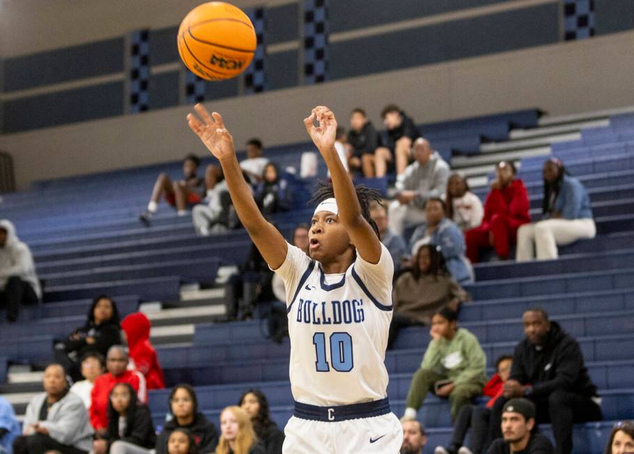 Centennial junior Sanai Branch (10) attempts a three-point shot during the high school girls ba ...