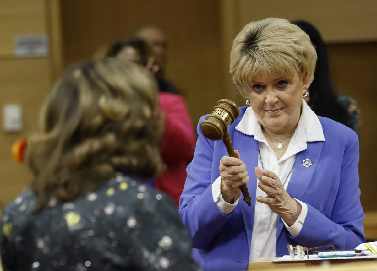 Mayor Shelley Berkley, left, receives the gavel from former mayor Carolyn Goodman after being s ...