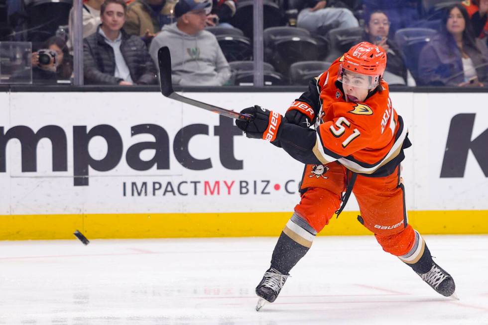 Anaheim Ducks defenseman Olen Zellweger shoots during the first period of an NHL hockey game ag ...