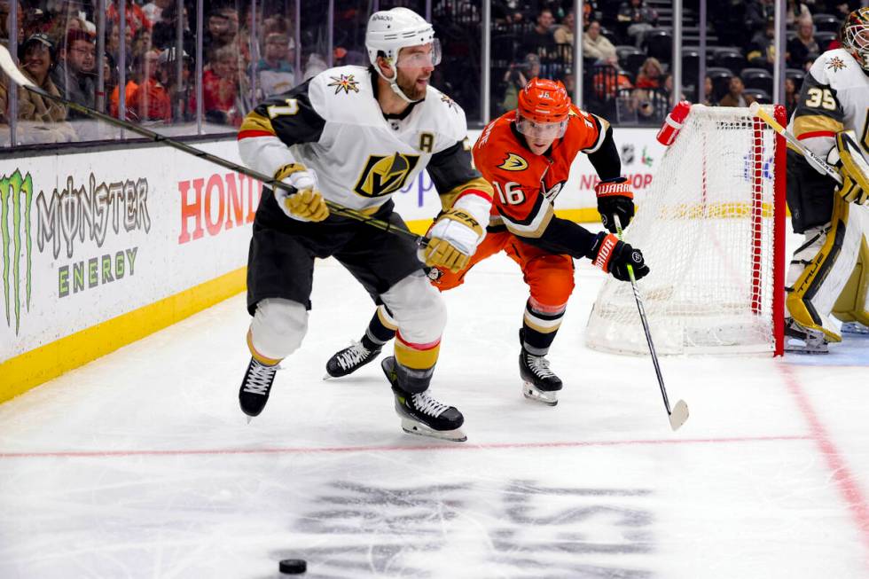 Anaheim Ducks center Ryan Strome, right, chases Vegas Golden Knights defenseman Alex Pietrangel ...