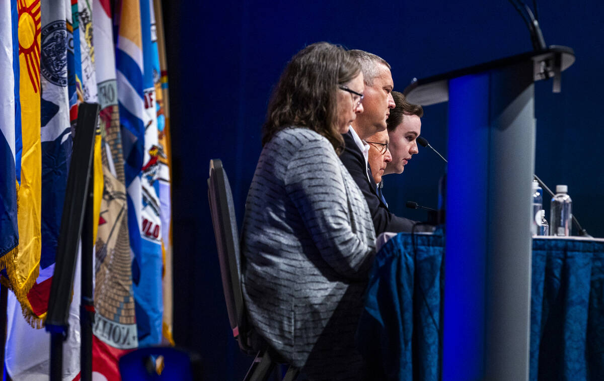 (From left) Moderator Jennifer Gimbel is joined by John Entsminger for Nevada, Tom Buschatzke o ...