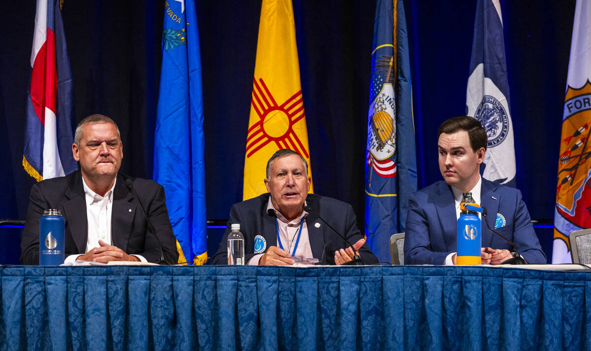 (From left) John Entsminger for Nevada looks on as Tom Buschatzke of Arizona speaks joined by J ...