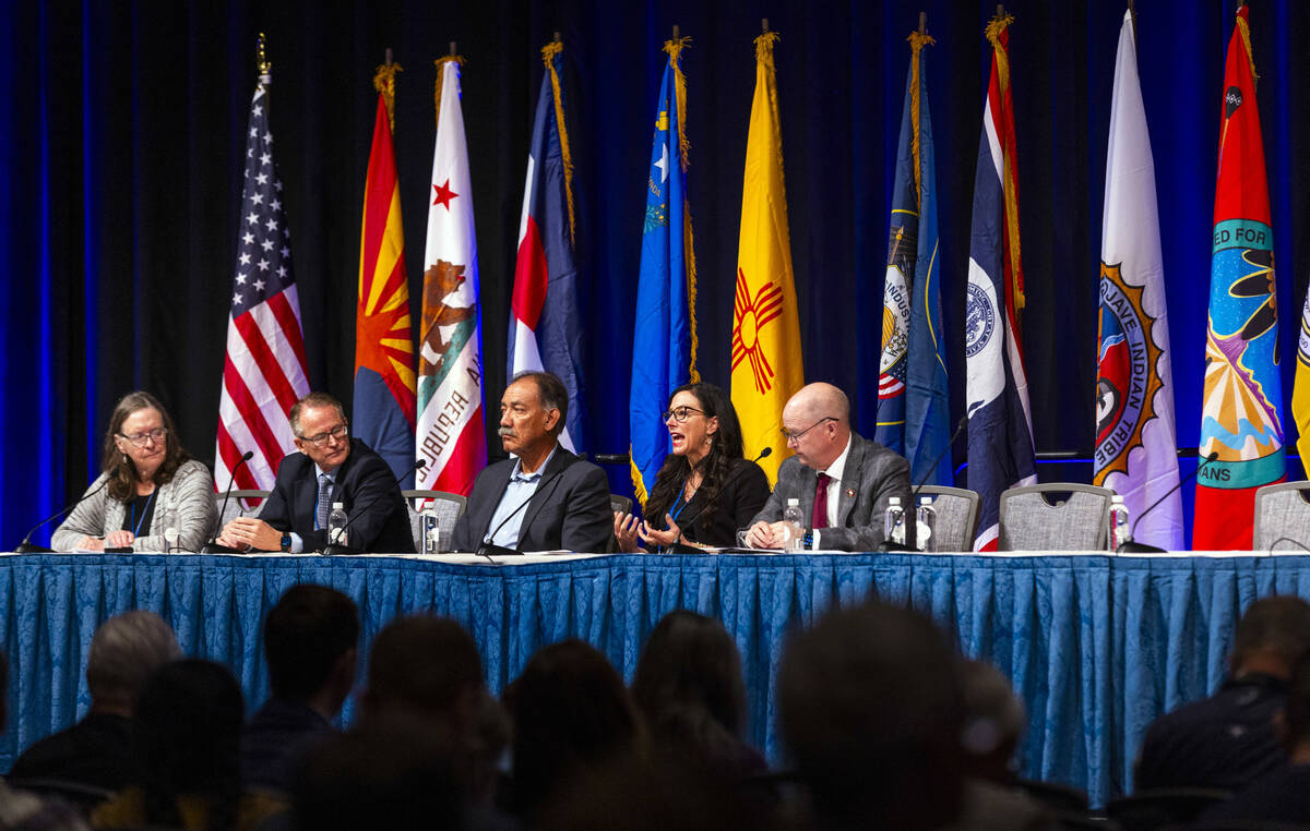 (From left) Moderator Jennifer Gimbel is joined by Gene Shawcroft of Utah, Estevan Lopez of New ...