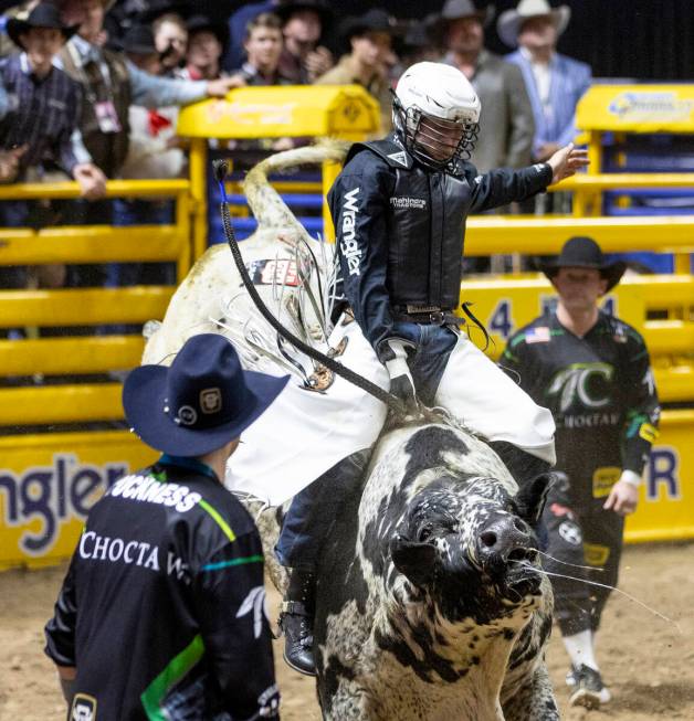 Trey Kimzey rides Cookies & Cream during the bull riding portion of the National Finals Rod ...