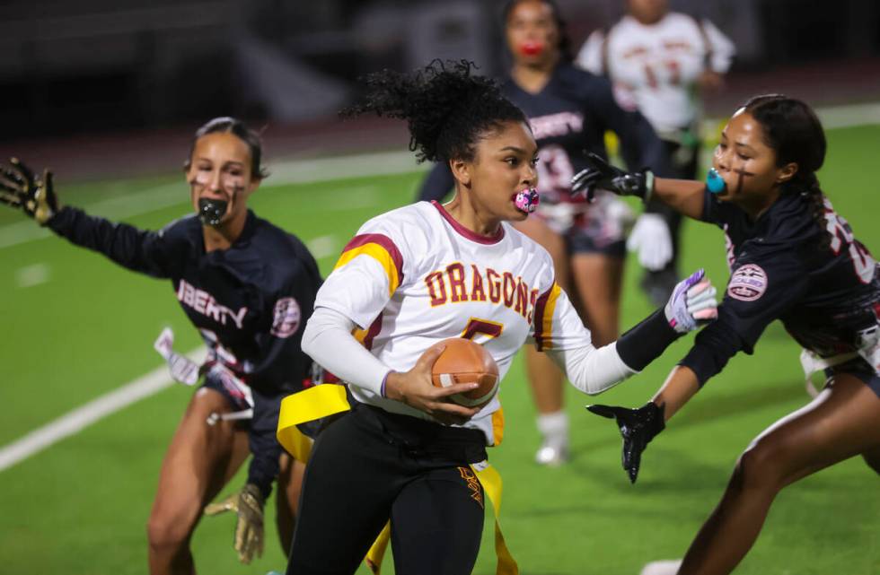 Del Sol’s Joselynn Carrington runs the ball during a flag football game at Liberty High ...