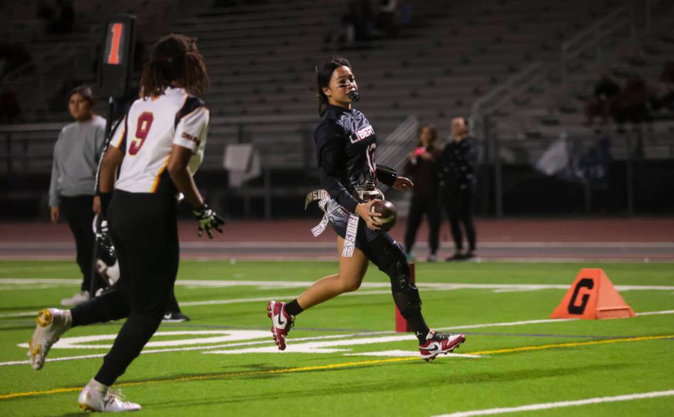 during a flag football game at Liberty High School on Thursday, Dec. 5, 2024, in Henderson. (Ch ...