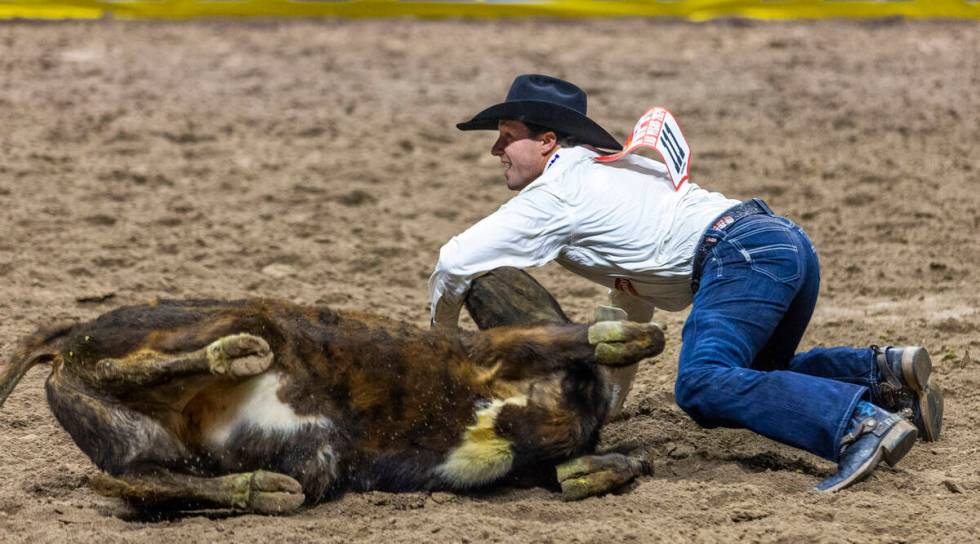 Steer wrestler Rowdy Parrott looks up from his steer to see his winning time during National Fi ...