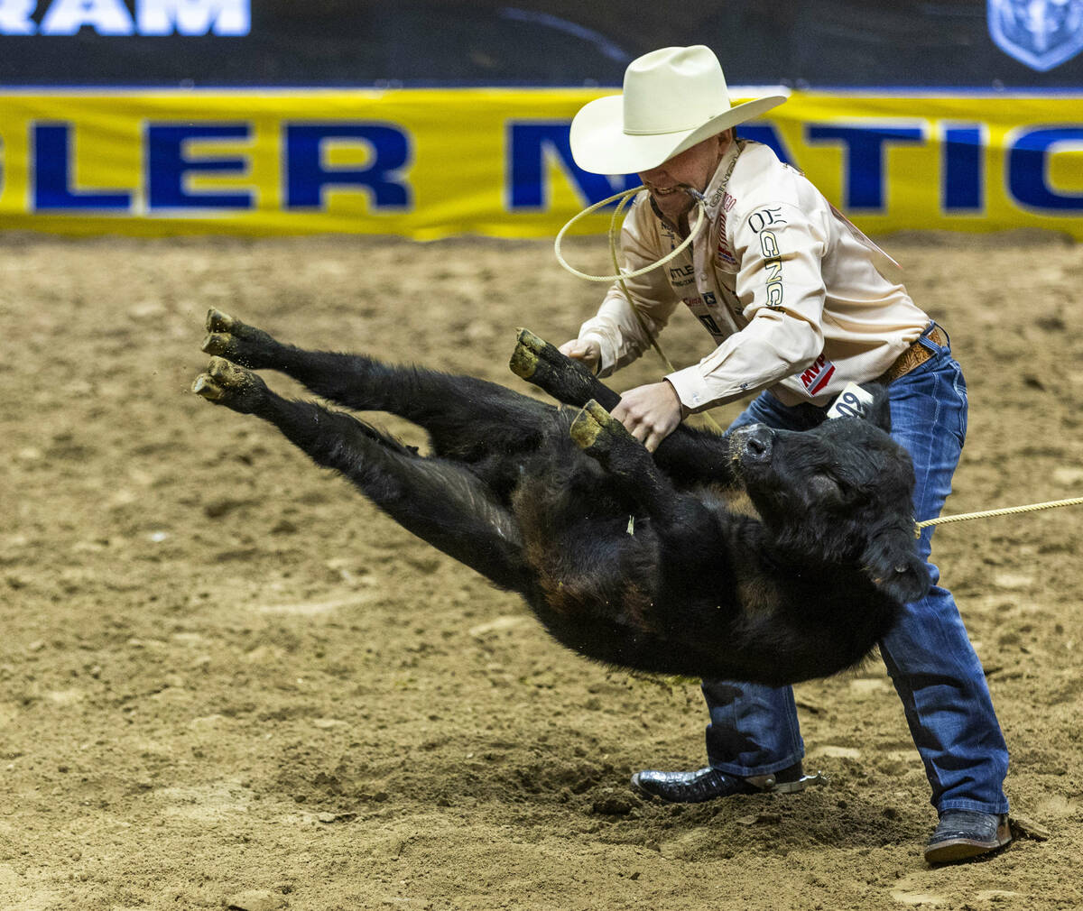 Tie-Down Roping competitor Riley Webb upends his calf on the way to a winning time during Natio ...