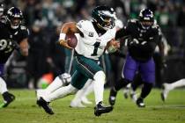 Philadelphia Eagles quarterback Jalen Hurts (1) in action during the second half of an NFL foot ...