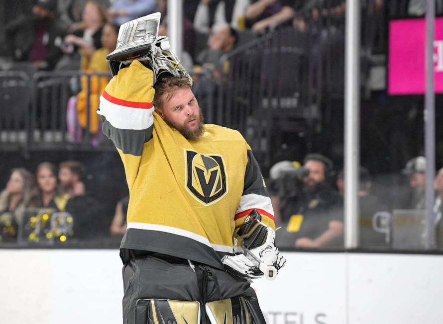 FILE - Vegas Golden Knights goaltender Robin Lehner puts his helmet on before the team's NHL ga ...