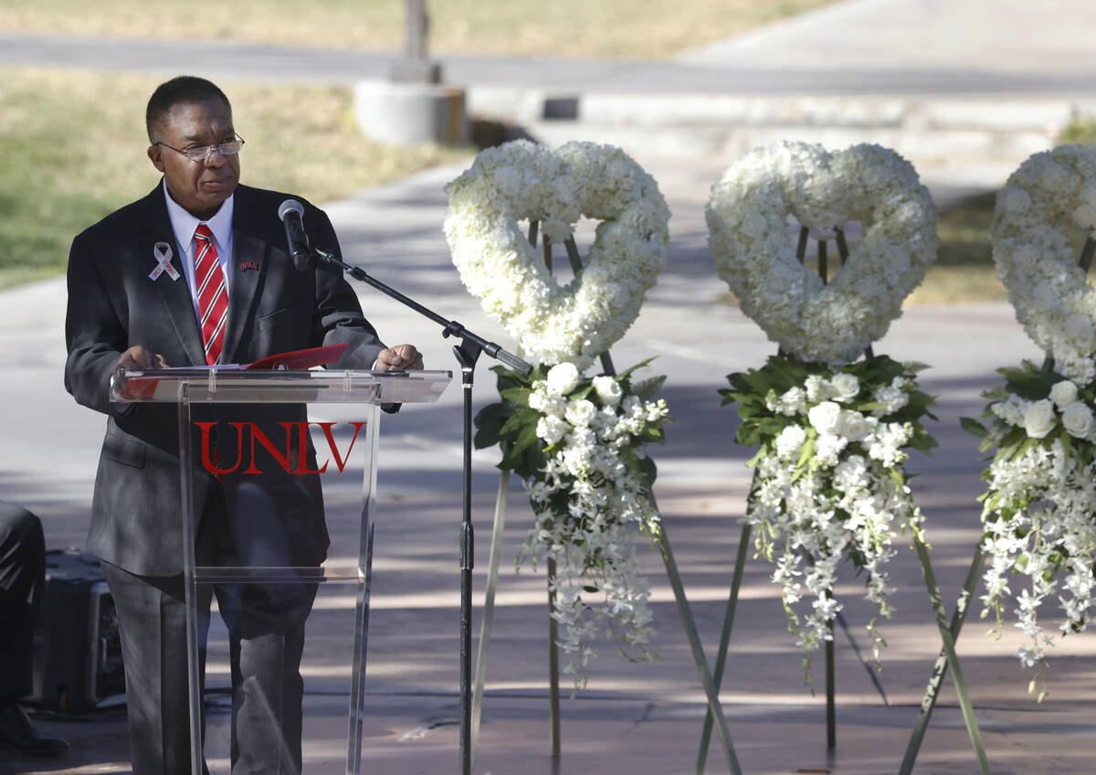 UNLV President Keith Whitfield speaks during the remembrance ceremony in honor of three profess ...