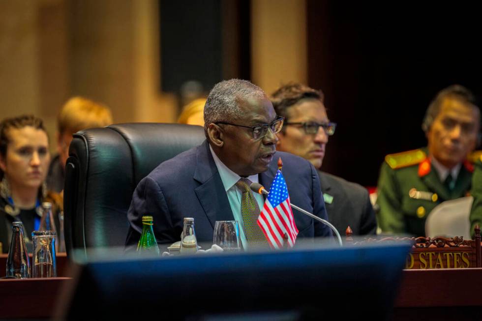 US Defence Secretary Lloyd Austin speaks during the ASEAN Defence Ministers' Meeting in Vientia ...