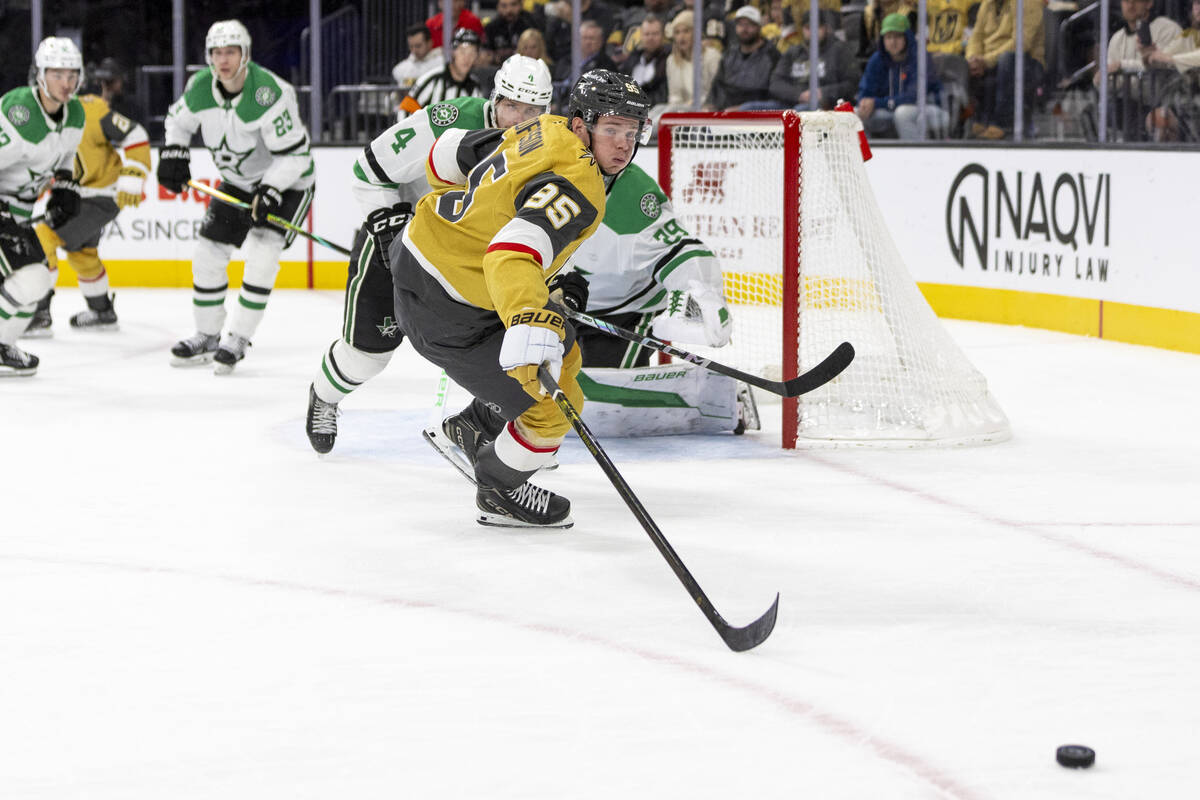 Golden Knights right wing Victor Olofsson (95) charges after the puck during the third period o ...