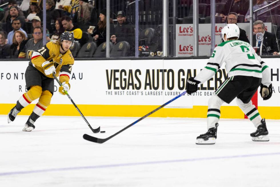 Golden Knights center William Karlsson (71) controls the puck during the NHL hockey game agains ...