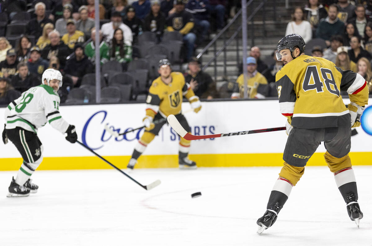 Golden Knights center Tomas Hertl (48) watches the puck fly by during the first period of the N ...