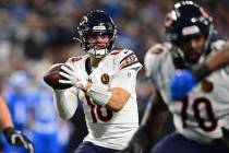 Chicago Bears quarterback Caleb Williams looks to pass during the second half of an NFL footbal ...