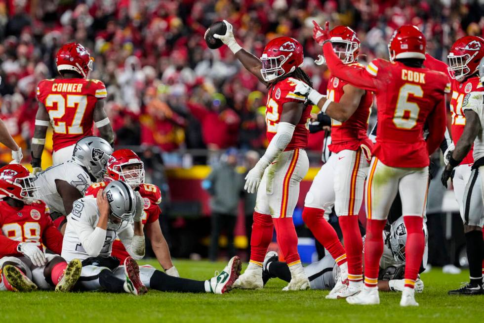 Kansas City Chiefs linebacker Nick Bolton (32) holds the recovery ball after a fumble by the La ...