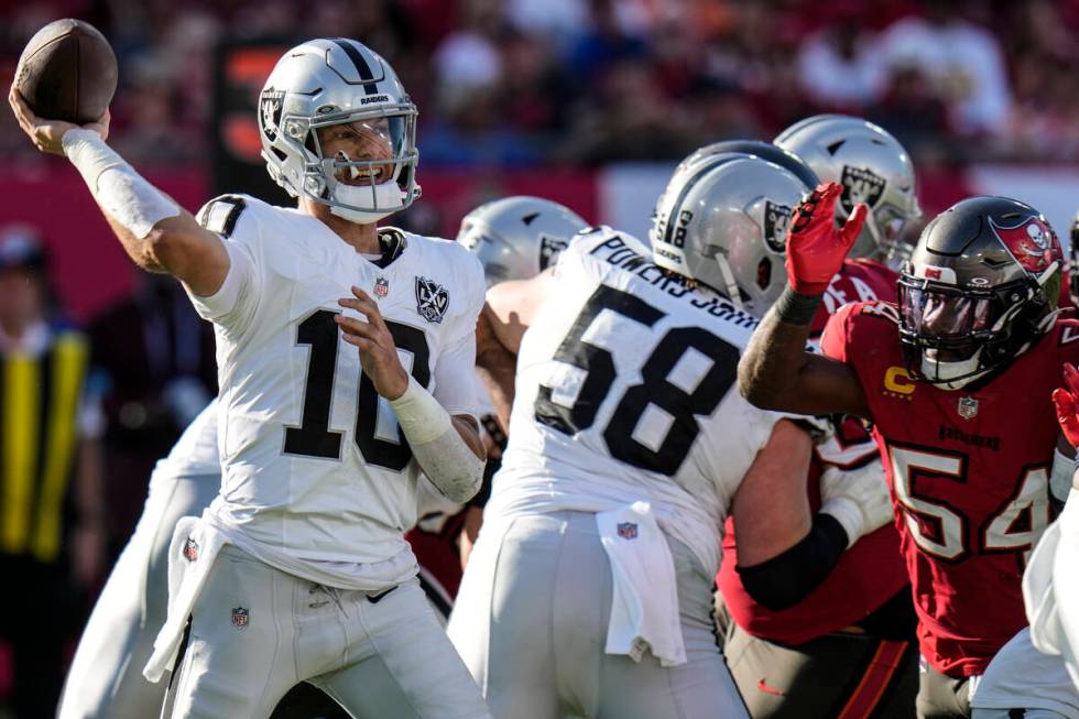 Las Vegas Raiders quarterback Desmond Ridder (10) pases in the pocket against the Tampa Bay Buc ...