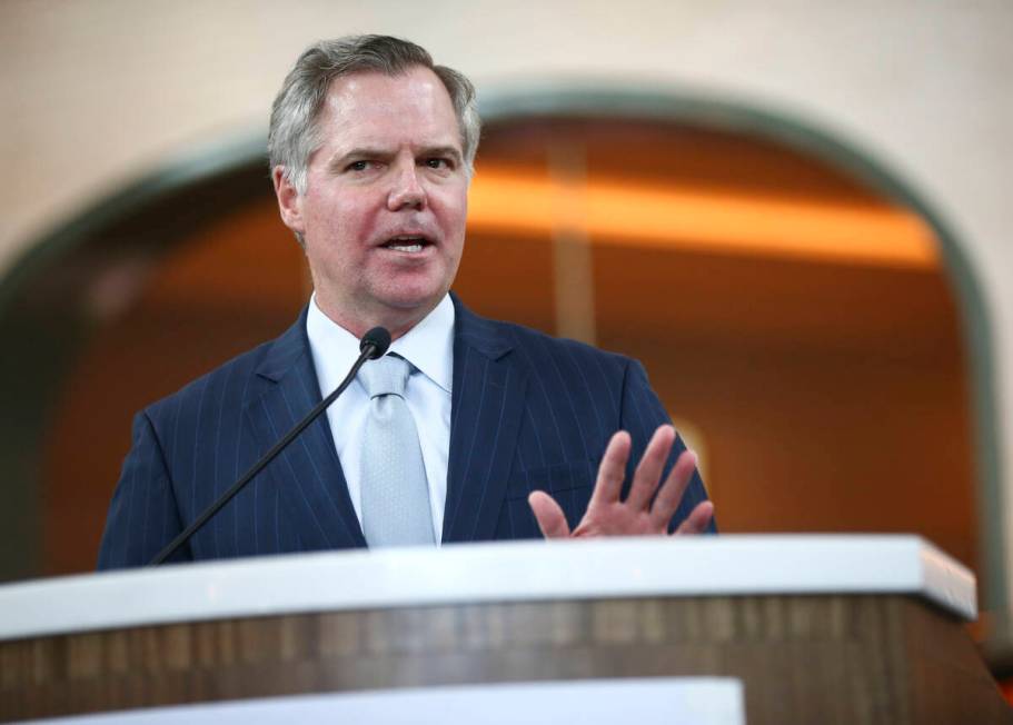 FILE - Jim Murren speaks during the ribbon cutting ceremony for Eataly at Park MGM in Las Vegas ...