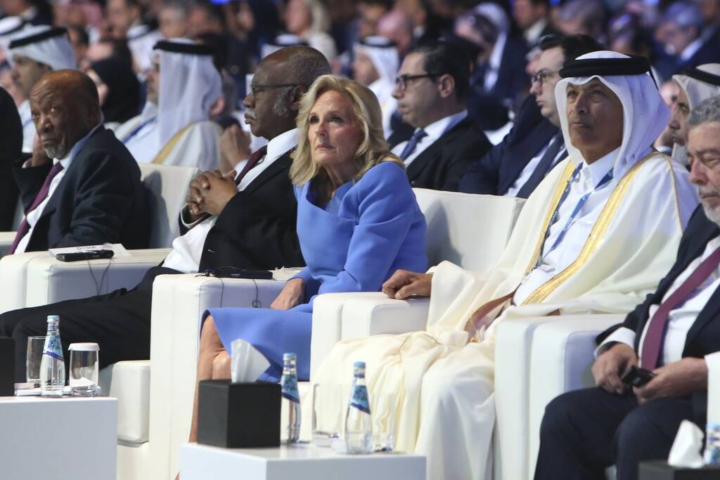 First Lady Jill Biden attends the Doha Forum in Doha, Qatar, on Saturday Dec. 7, 2024. (AP Phot ...