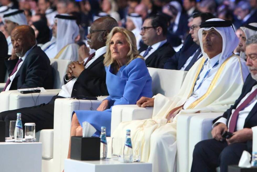 First Lady Jill Biden attends the Doha Forum in Doha, Qatar, on Saturday Dec. 7, 2024. (AP Phot ...