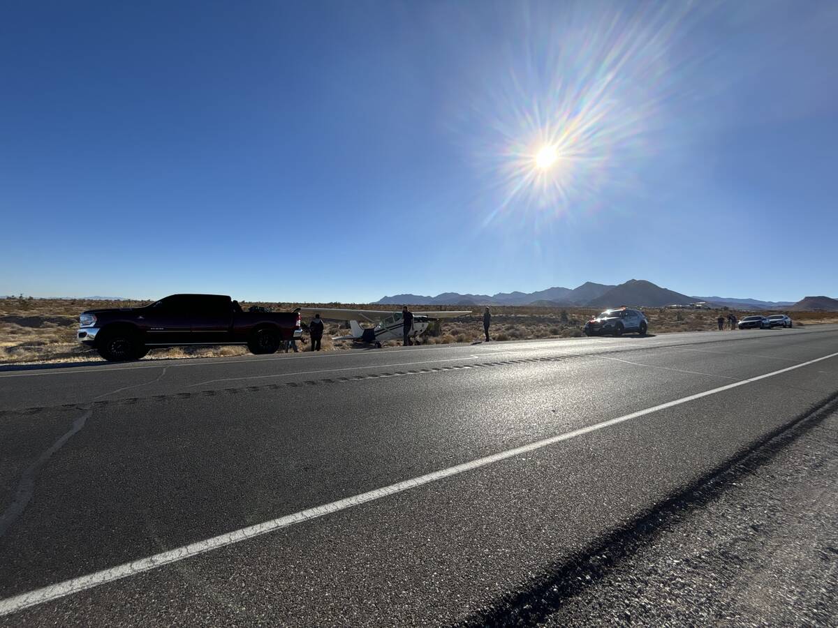 A small plane landed on Kyle Canyon Road on Saturday, Dec. 7, 2024. (DJ Jacobi/Las Vegas Review ...