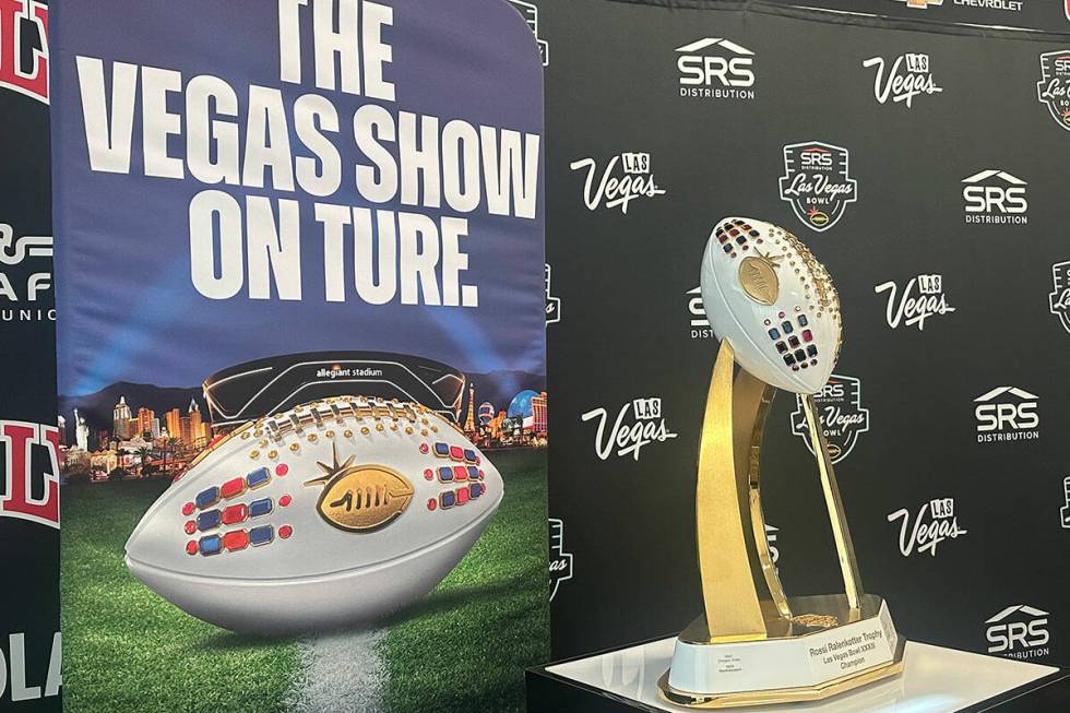 The Rosie Ralenkotter Las Vegas Bowl XXXIII Champion trophy at UNLV on Sunday, Dec. 8, 2024. (H ...