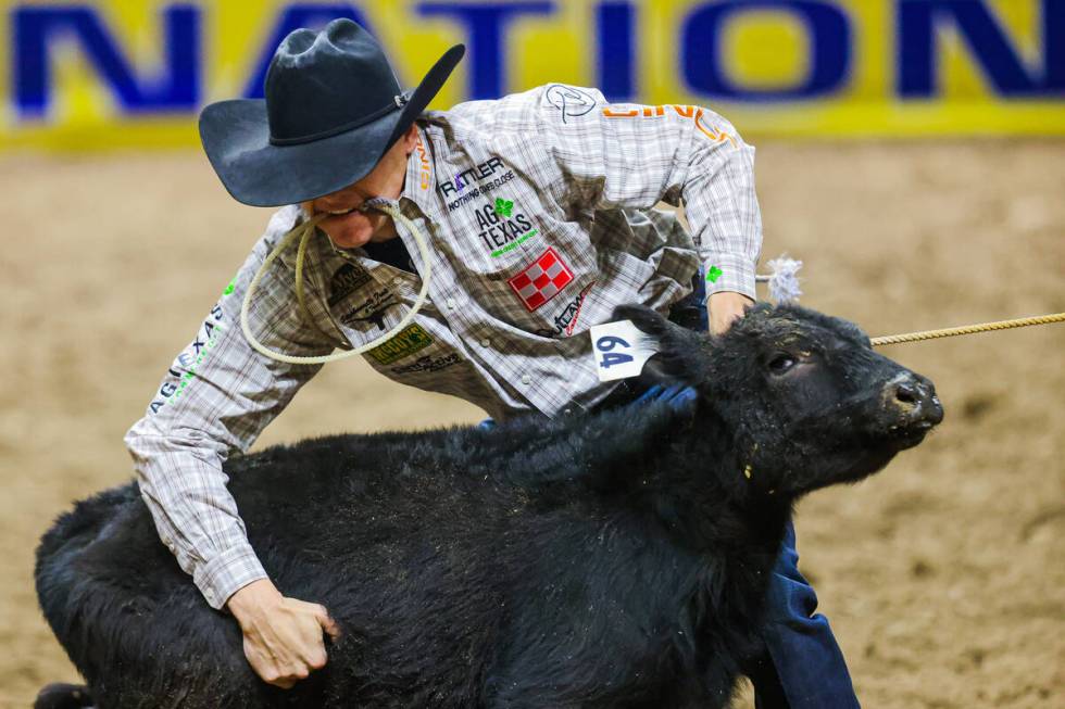 Tie-down roper Marty Yates picks up the calf during round four of the National Finals Rodeo at ...