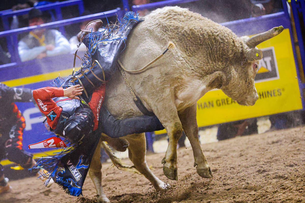 Bull rider Wacey Shalla breaks out of the chute on Alberta Prime Devil’s Advocate during ...