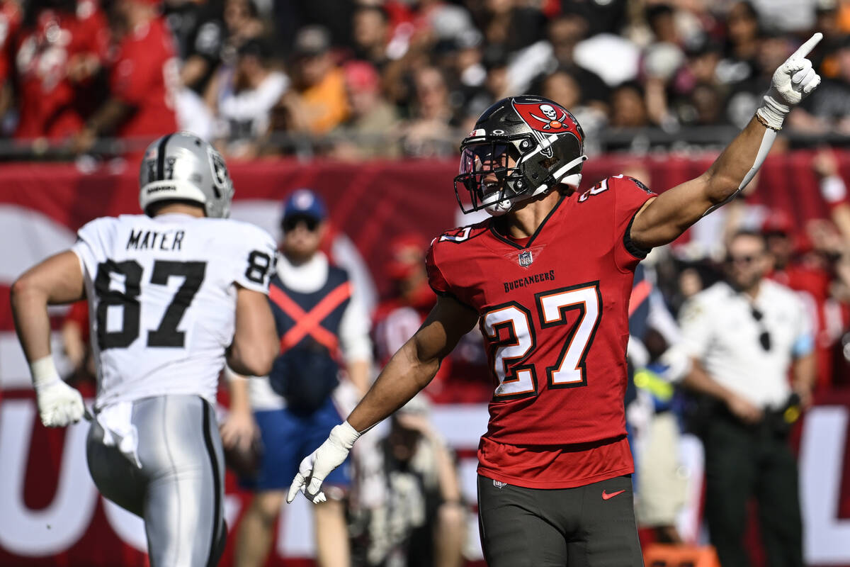 Tampa Bay Buccaneers cornerback Zyon McCollum (27) celebrates after a Las Vegas Raiders fumble ...