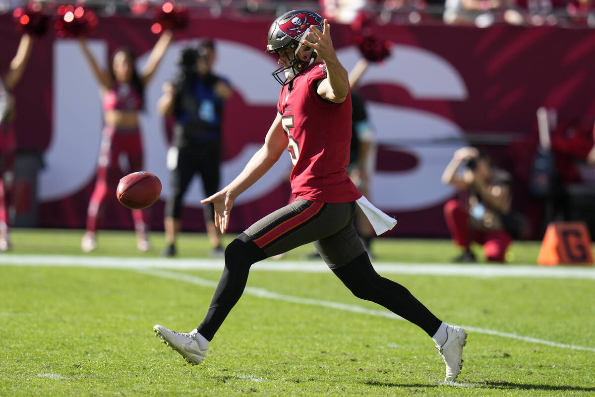 Tampa Bay Buccaneers punter Jack Browning (5) works against the Las Vegas Raiders during the fi ...