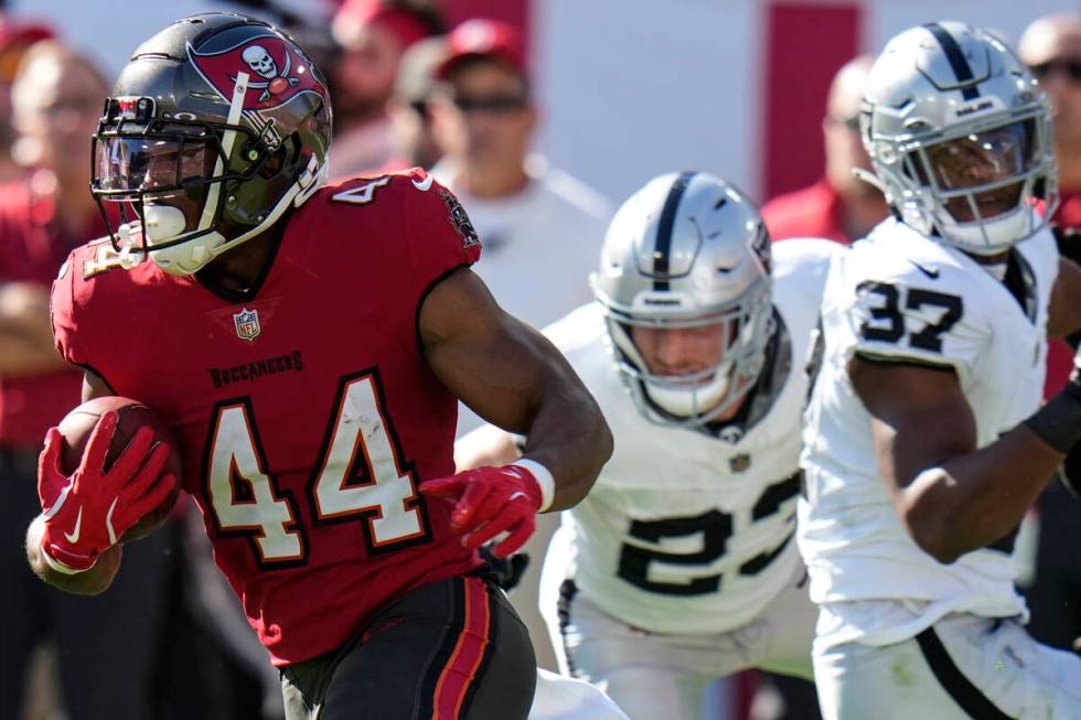 Tampa Bay Buccaneers running back Sean Tucker (44) runs against the Las Vegas Raiders during th ...