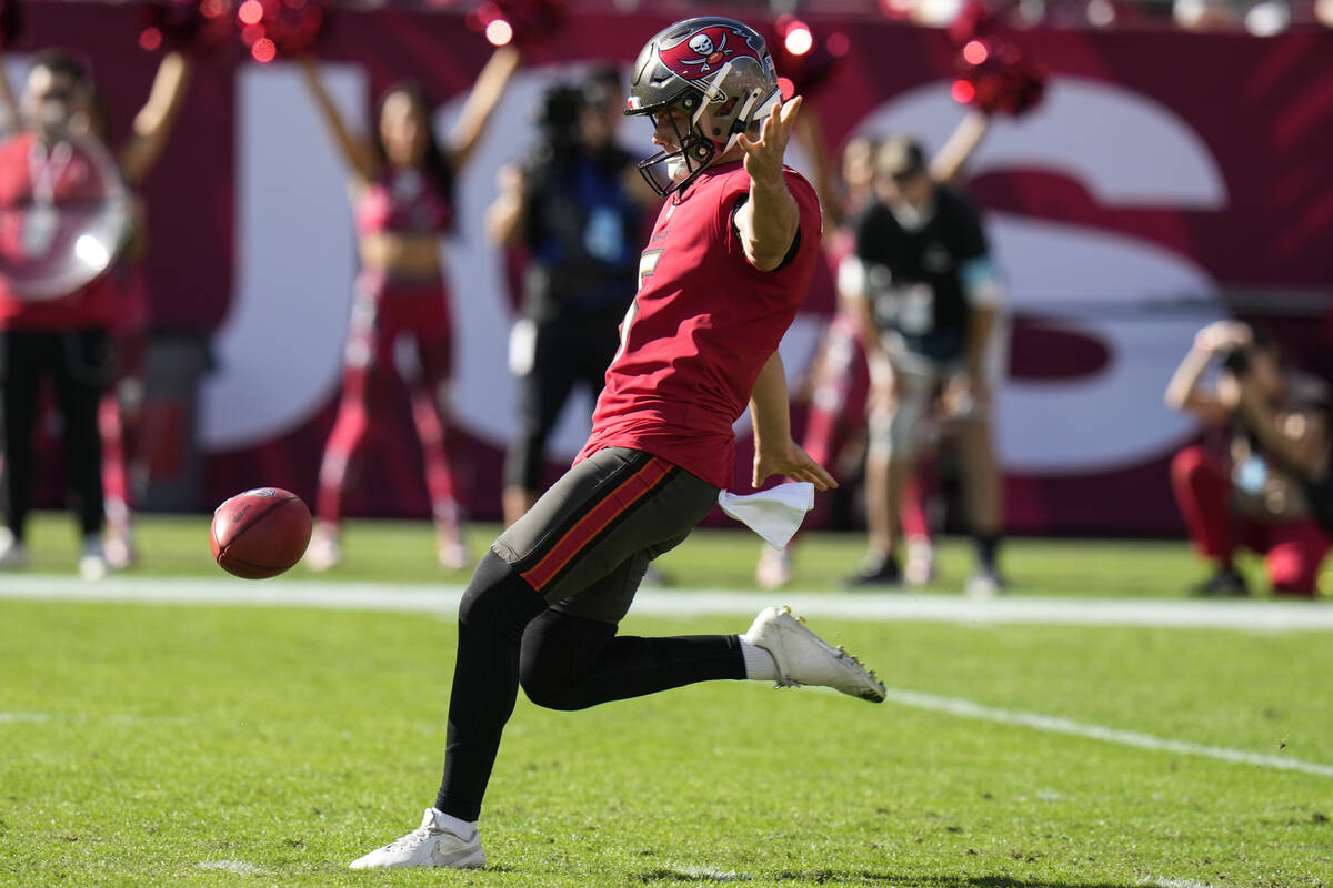 Tampa Bay Buccaneers punter Jack Browning (5) works against the Las Vegas Raiders during the fi ...