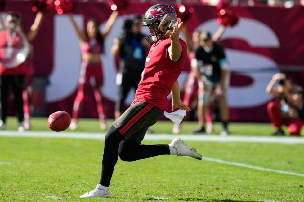 Tampa Bay Buccaneers punter Jack Browning (5) works against the Las Vegas Raiders during the fi ...