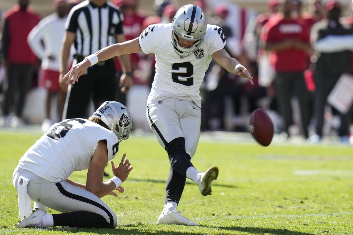 Las Vegas Raiders' Daniel Carlson (2) kicks a field goal Tampa Bay Buccaneers during the first ...