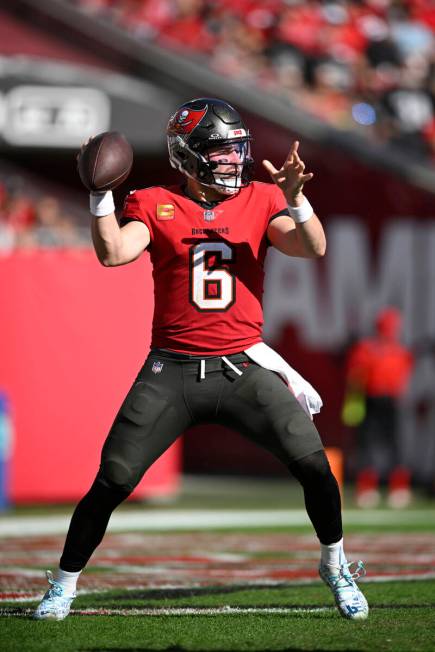 Tampa Bay Buccaneers quarterback Baker Mayfield (6) throws a pass against the Las Vegas Raiders ...