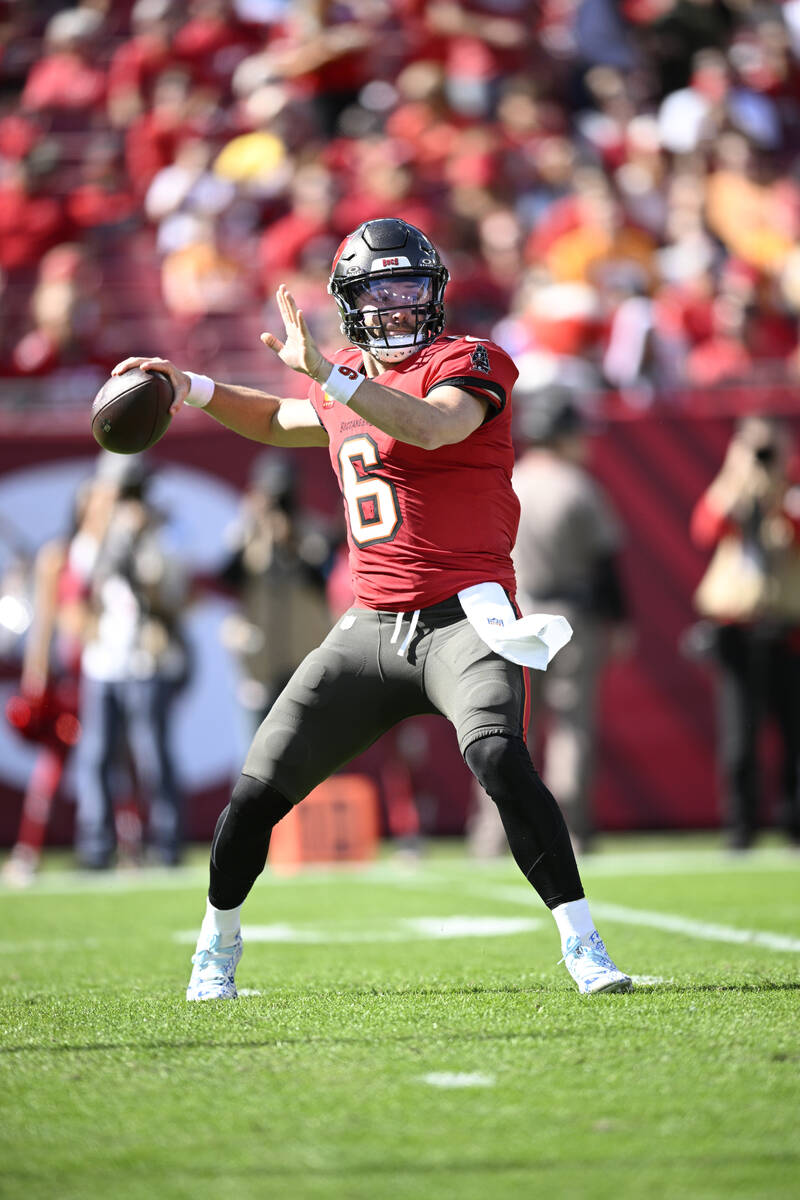 Tampa Bay Buccaneers quarterback Baker Mayfield (6) throws a pass against the Las Vegas Raiders ...