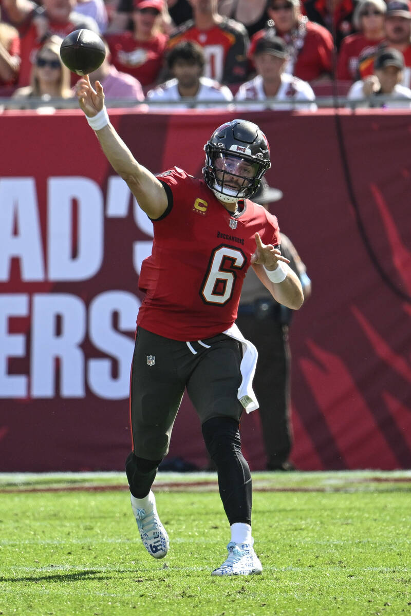 Tampa Bay Buccaneers quarterback Baker Mayfield (6) passes against the Las Vegas Raiders during ...