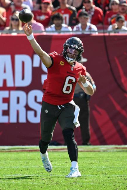 Tampa Bay Buccaneers quarterback Baker Mayfield (6) passes against the Las Vegas Raiders during ...