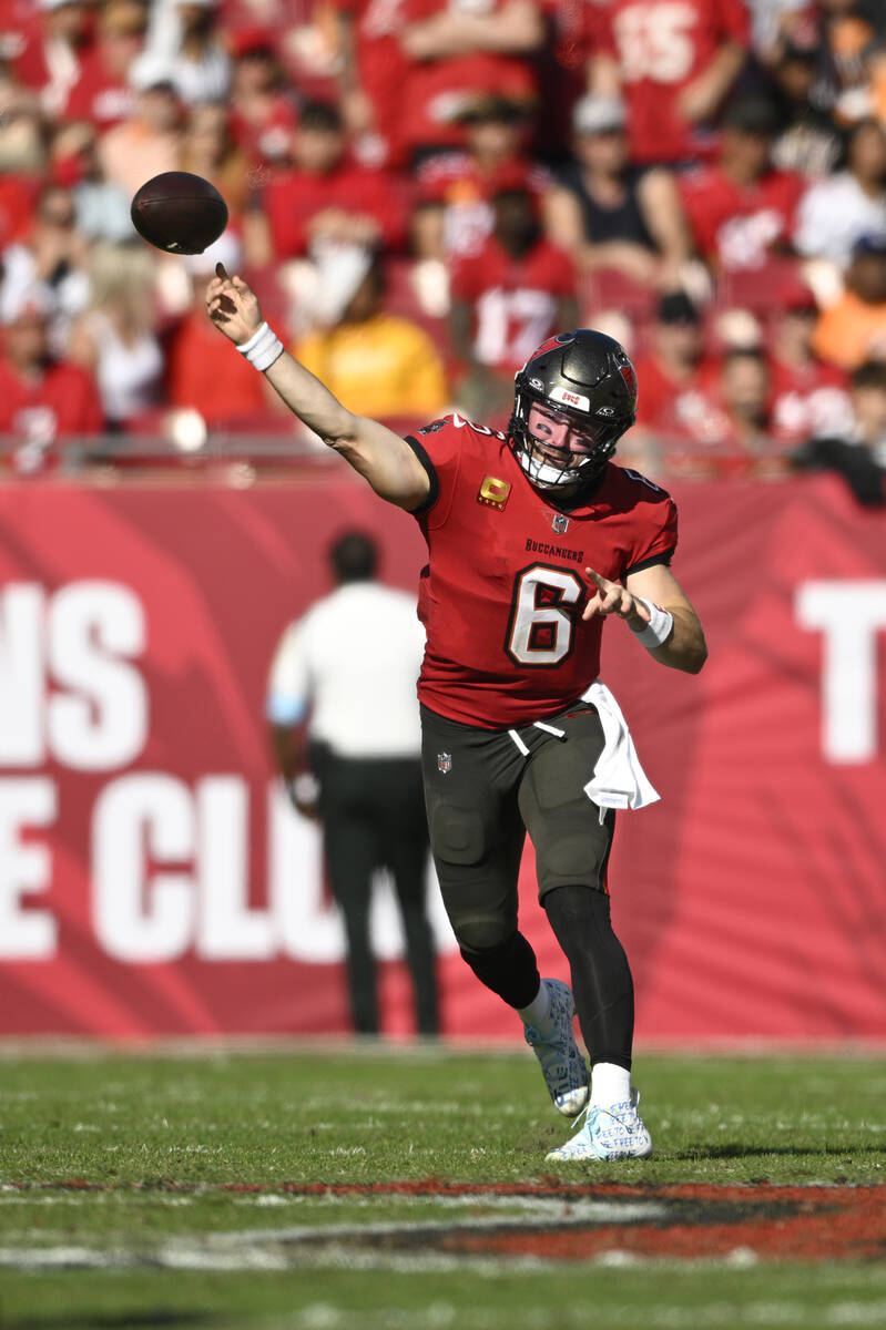 Tampa Bay Buccaneers quarterback Baker Mayfield (6) throws a pass against the Las Vegas Raiders ...