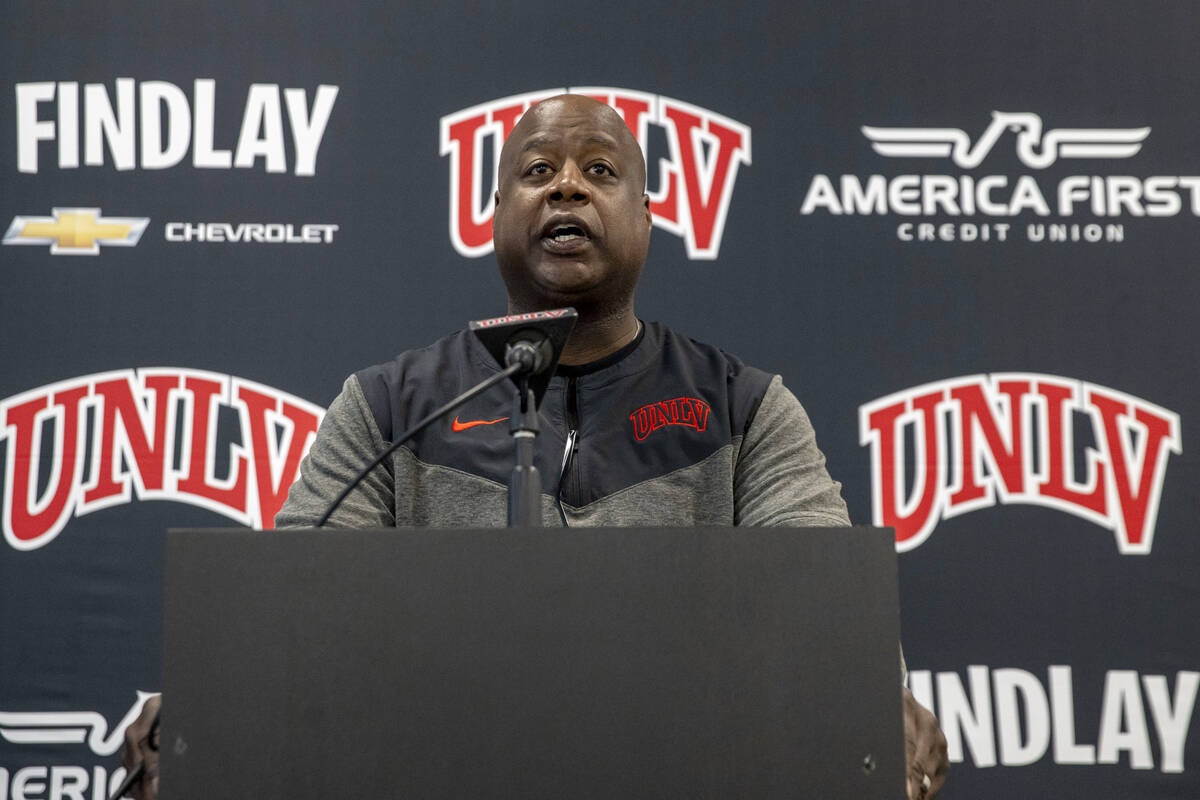 UNLV athletic director Erick Harper speaks on the departure of football coach Barry Odom during ...