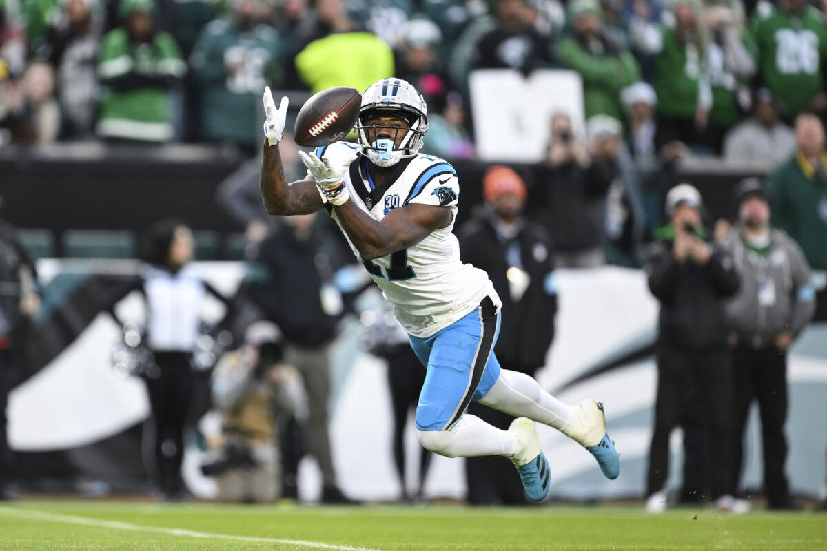 Carolina Panthers wide receiver Xavier Legette attempts to catch a pass during the second half ...