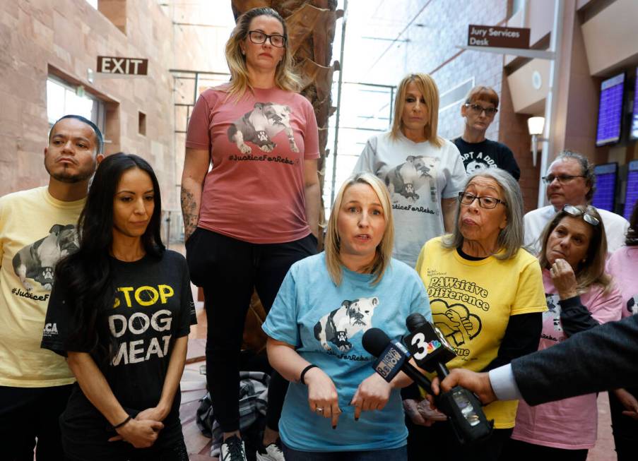 Lindsey Pinafel, a volunteer at Vegas Pet Rescue Project, speaks outside a courtroom where Mark ...