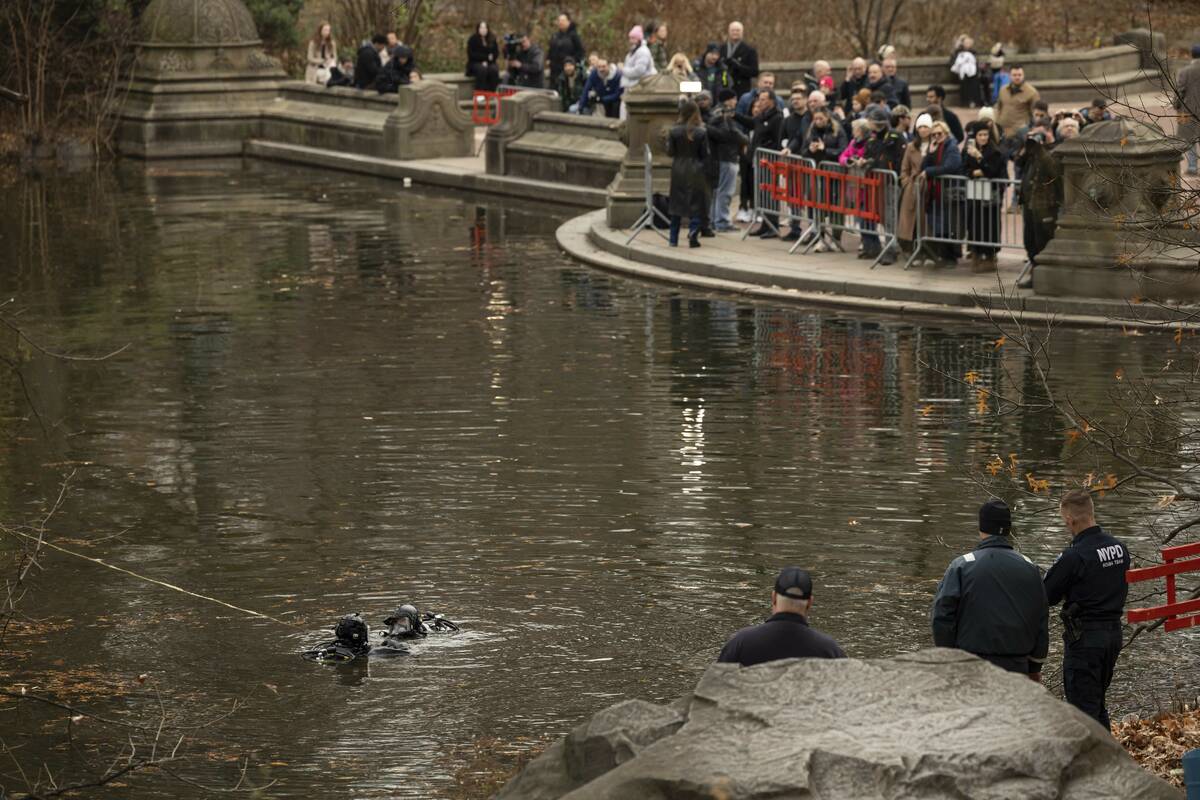 NYPD officers in diving suits search a lake in Central Park, Monday, Dec. 9, 2024, in New York. ...