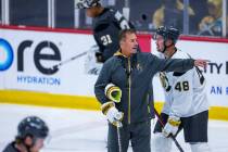 Golden Knights Head Coach Bruce Cassidy gives instructions to his players during training camp ...