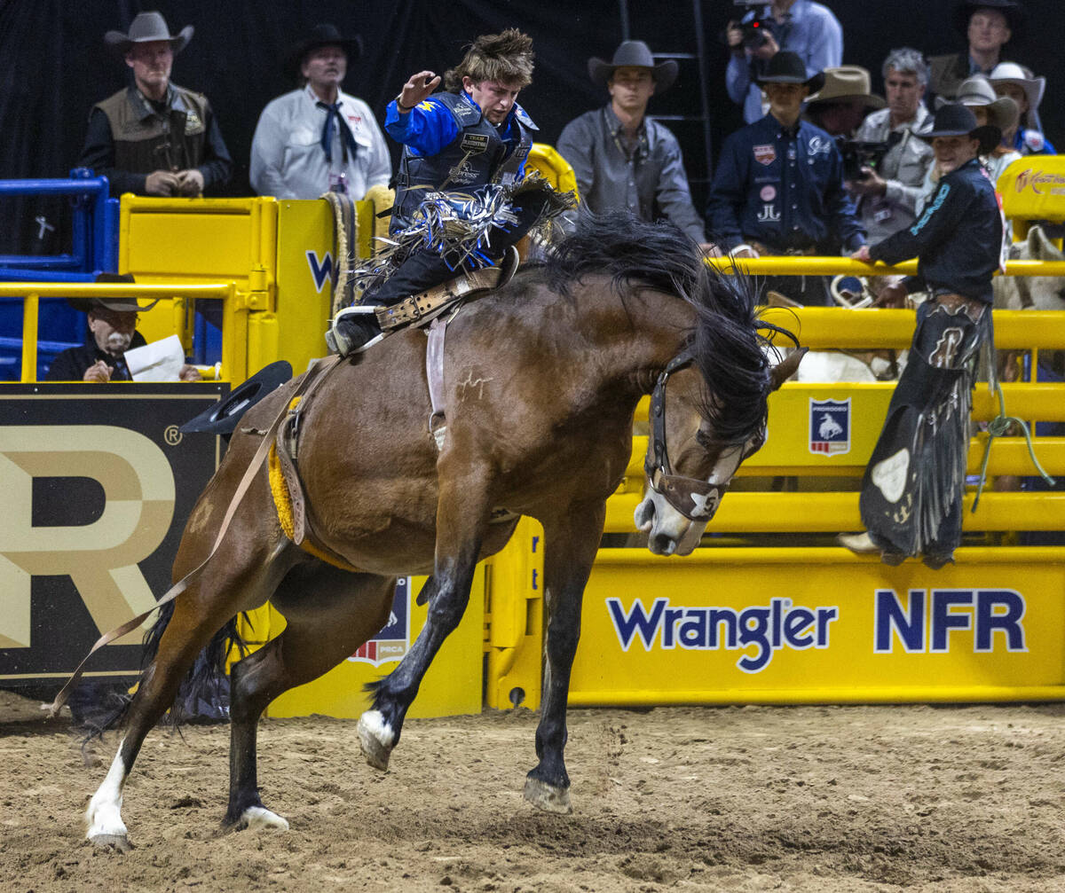 Saddle Bronc Riding contestant Statler Wright rides Jessica Rabbit to a winning score during Na ...