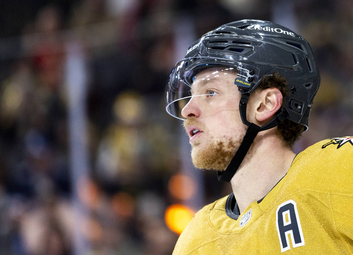 Golden Knights center Jack Eichel prepares for a face-off during the NHL hockey game against th ...