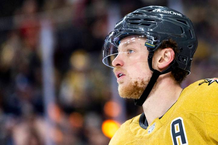 Golden Knights center Jack Eichel prepares for a face-off during the NHL hockey game against th ...